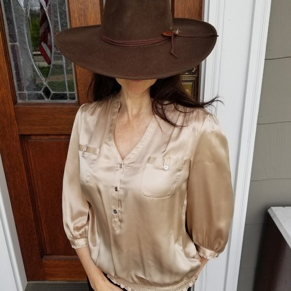White House Black Market silk 3/4 sleeve tan top S - Picture 2 of 7